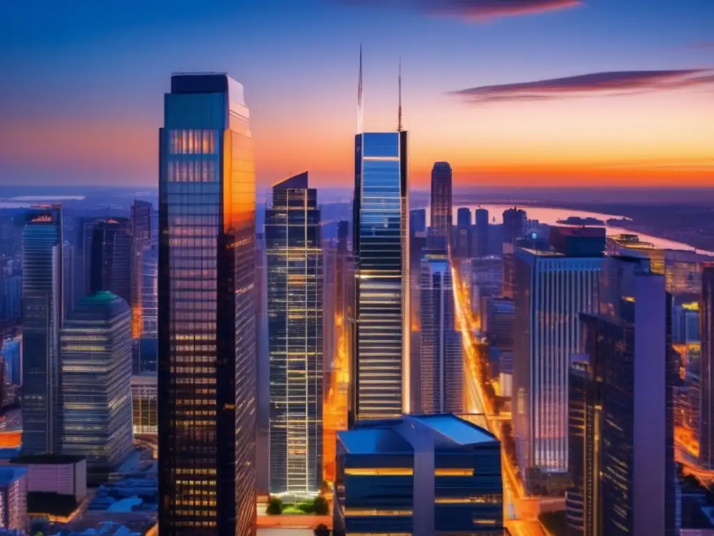 Ciudad moderna al atardecer Ciudad moderna al atardecer: rascacielos iluminados, inversiones inmobiliarias y optimización fiscal