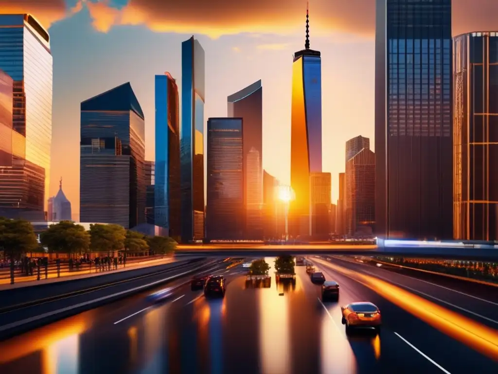Ciudad moderna al atardecer con rascacielos y actividad Ciudad moderna al atardecer con rascacielos reflejando el sol dorado