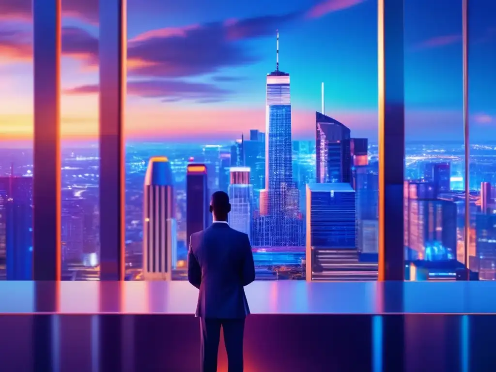 Ciudad moderna al atardecer, inversión segura Ciudad moderna al atardecer, rascacielos iluminados, asesor financiero junto a una caja fuerte, protección inversiones en economía inestable