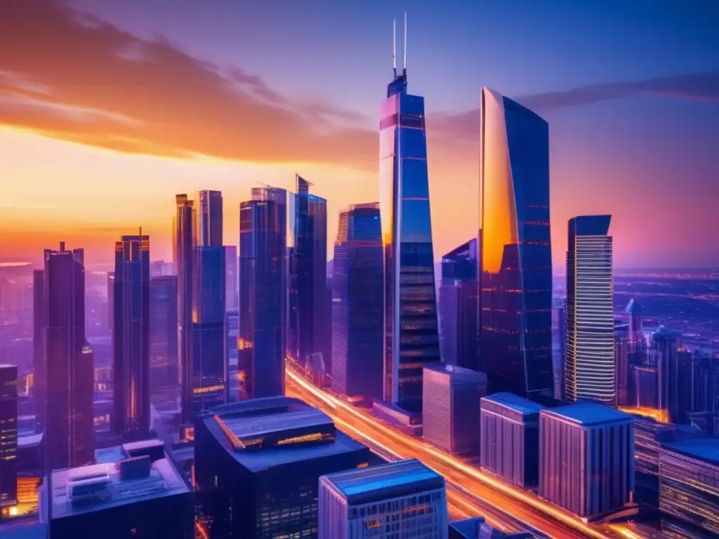 Ciudad moderna al atardecer, simbolizando la inversión activa Ciudad moderna al atardecer, rascacielos reflectando la puesta de sol