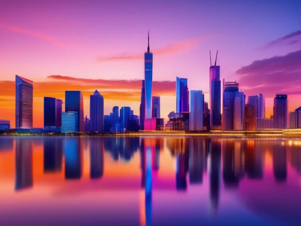Ciudad moderna con rascacielos reflejando el cielo al atardecer Ciudad moderna al atardecer, con rascacielos de vidrio reflejando los tonos naranja y rosado del cielo