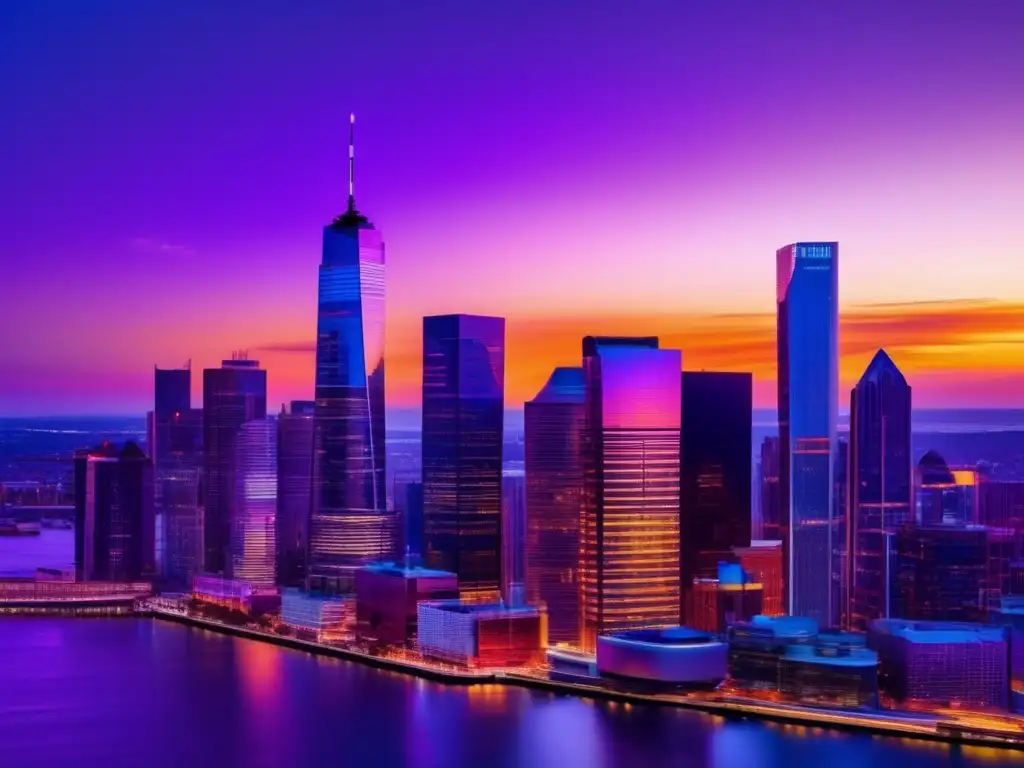Skyline urbano al anochecer con edificios iluminados Ciudad moderna al atardecer con rascacielos iluminados por luces coloridas