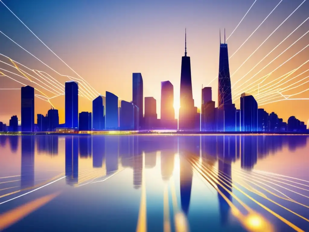 Ciudad moderna en atardecer: riesgo y estrategia Ciudad moderna al atardecer, rascacielos de vidrio reflejando la luz dorada