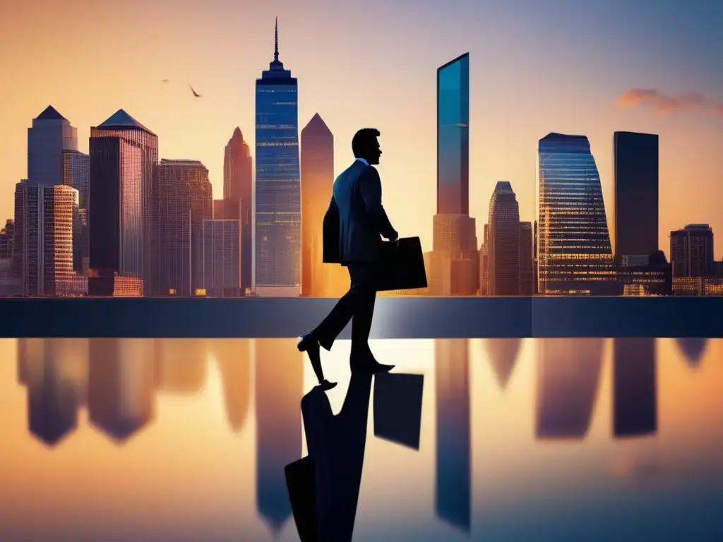 Skyline urbano al atardecer con rascacielos y hombre de negocios Ciudad moderna al atardecer, con rascacielos reflejando el sol dorado