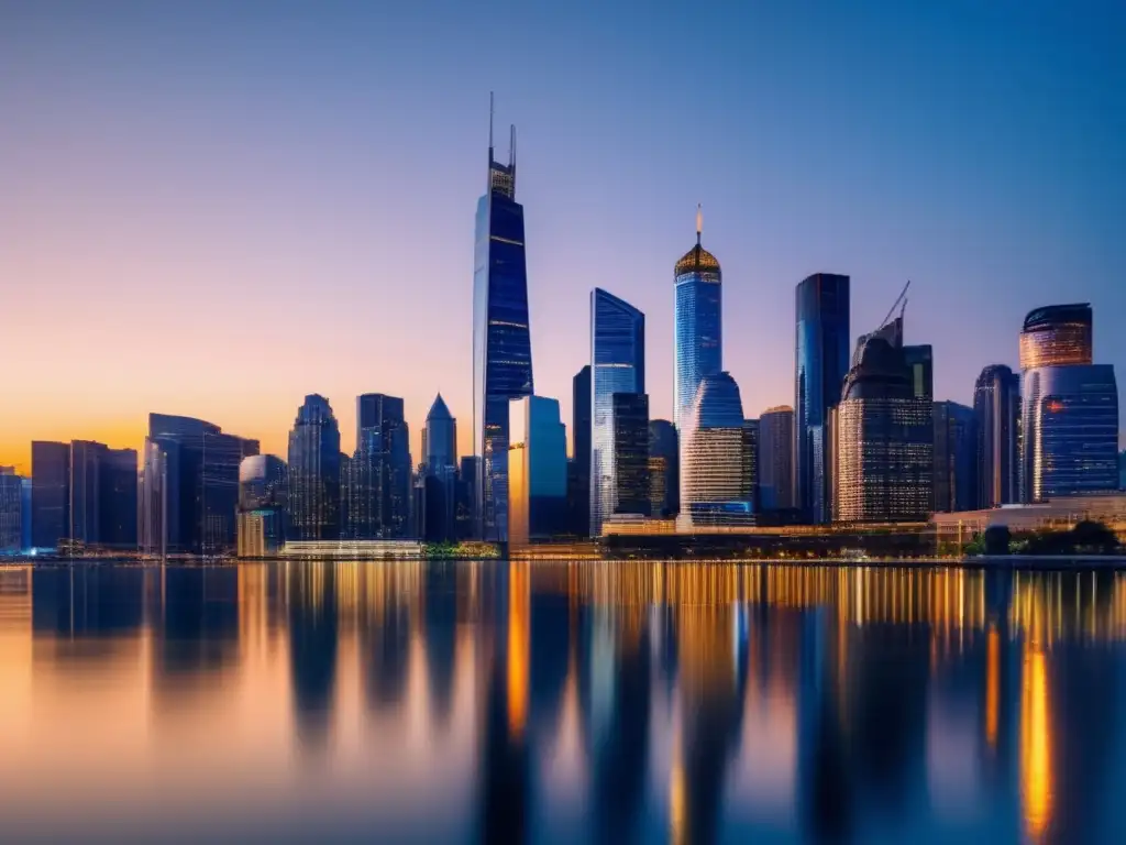 Ciudad moderna al atardecer: rascacielos dorados Ciudad moderna al atardecer con rascacielos altos, simbolizando el mundo de inversiones y crecimiento financiero