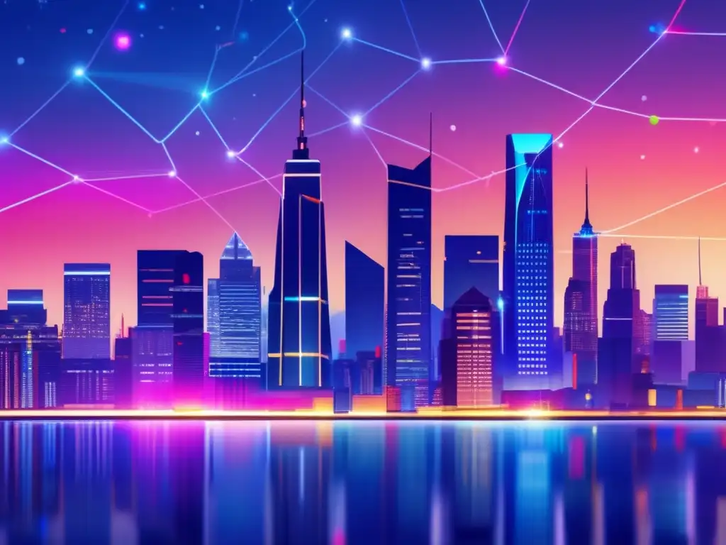 Ciudad moderna de noche con gráficos financieros interconectados Ciudad moderna al atardecer con rascacielos iluminados y gráficos financieros