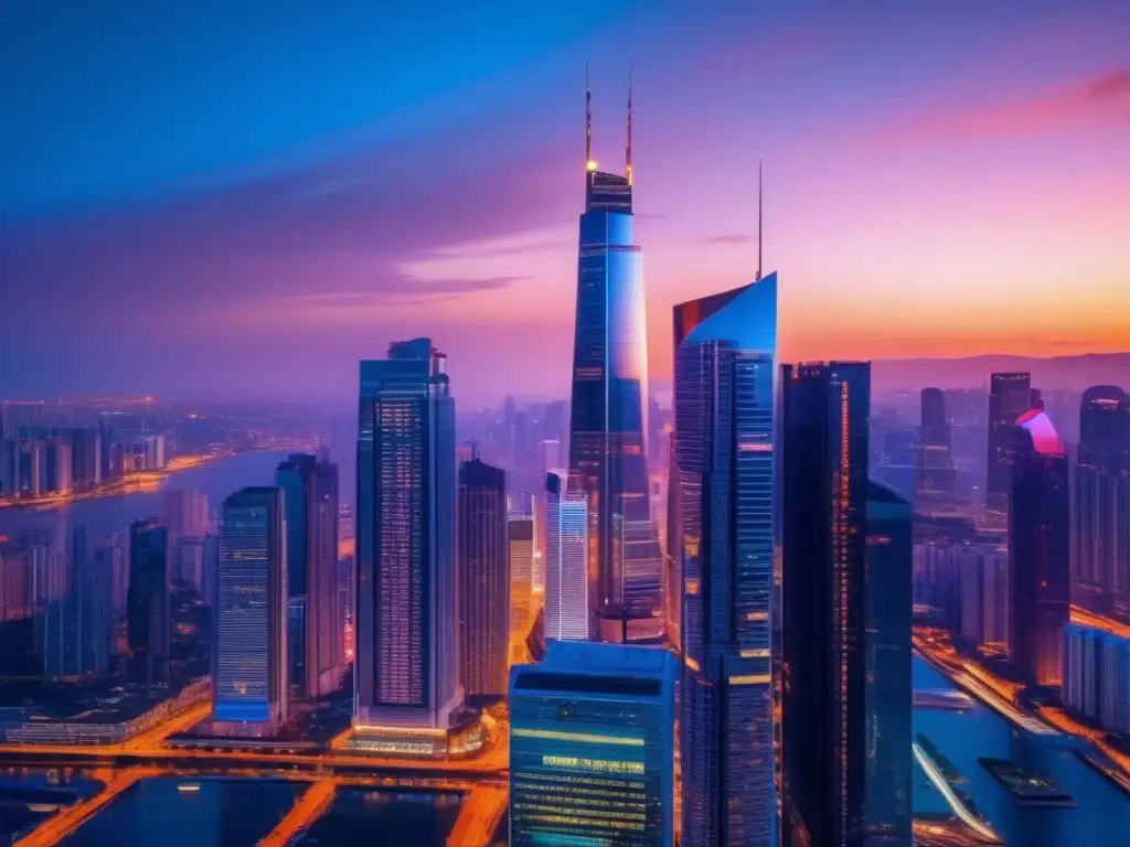 Ciudad moderna al atardecer, con rascacielos imponentes Ciudad moderna al atardecer, con rascacielos resplandecientes y sectores resistentes en inversiones defensivas