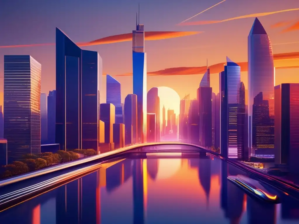 Ciudad moderna al atardecer: inversiones dinámicas y profesionales Ciudad moderna al atardecer, rascacielos reflejan tonos cálidos del sol