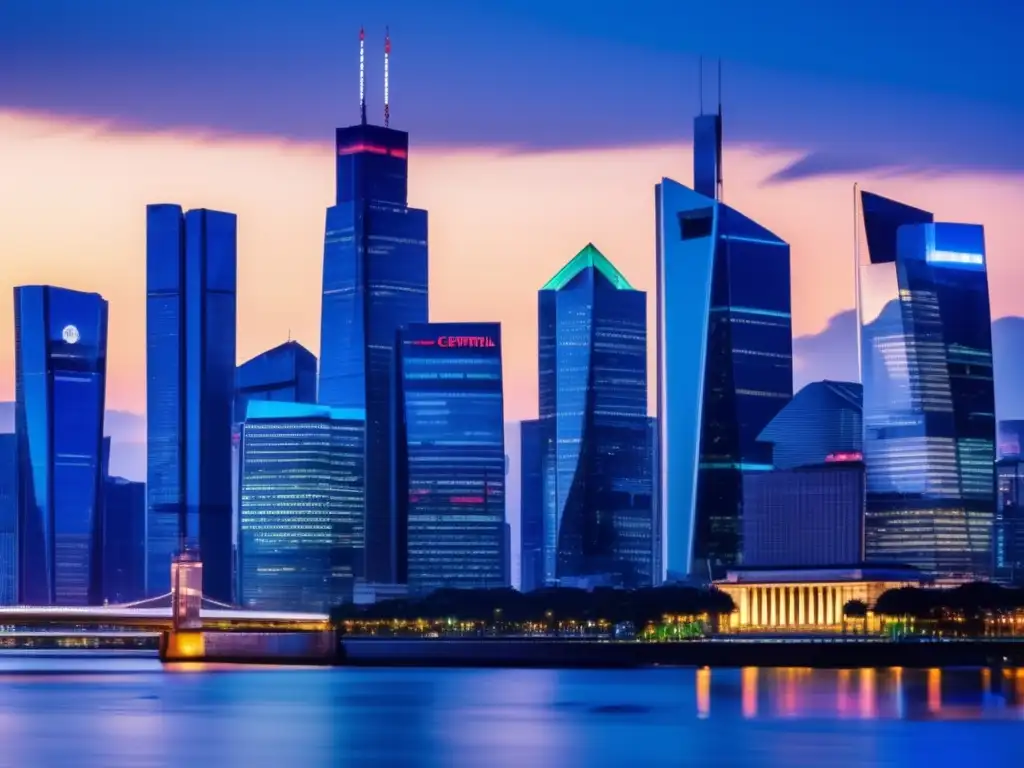 Skyline financiero internacional Ciudad moderna al atardecer, con rascacielos iluminados y banderas representando países