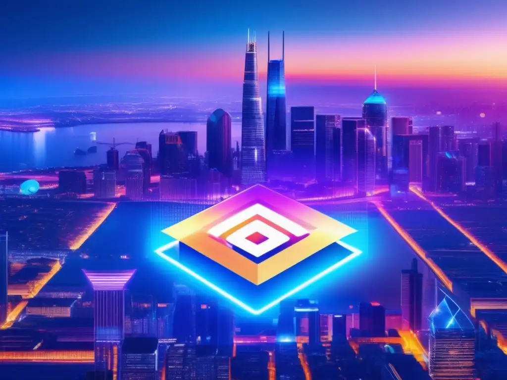 Ciudad moderna al atardecer con criptomoneda en holograma Ciudad moderna al atardecer con rascacielos iluminados y símbolo de criptomonedas, representa la regulación de ICOs y criptomonedas