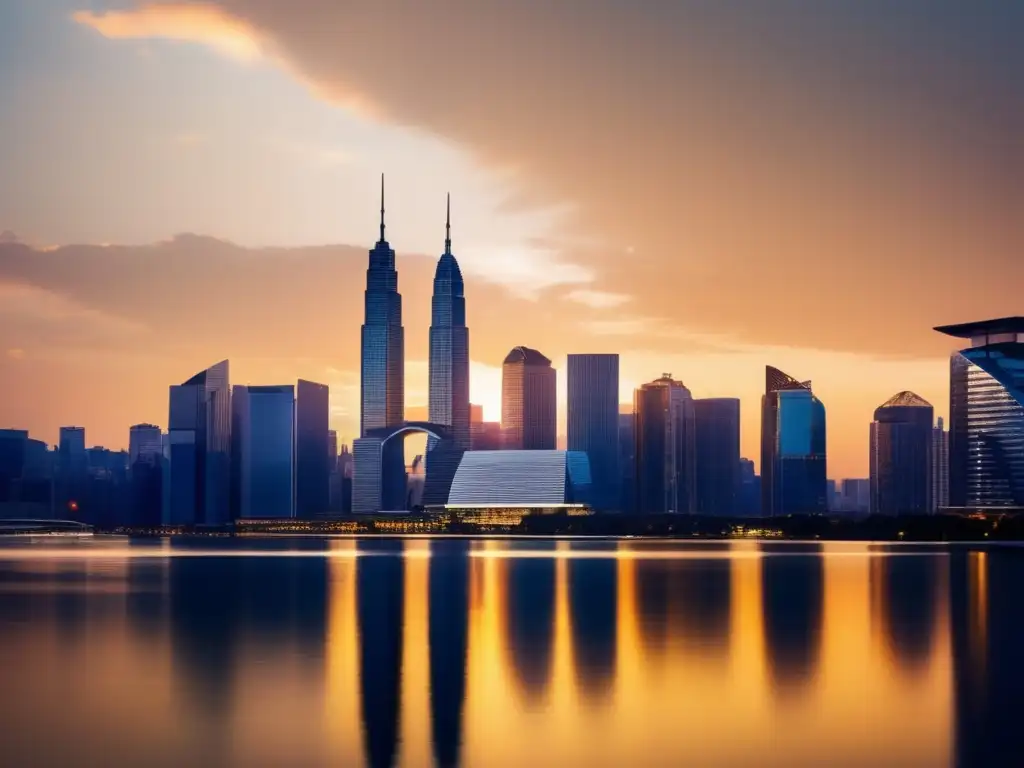 Ciudad moderna al atardecer Ciudad moderna al atardecer, rascacielos reflejan luz dorada