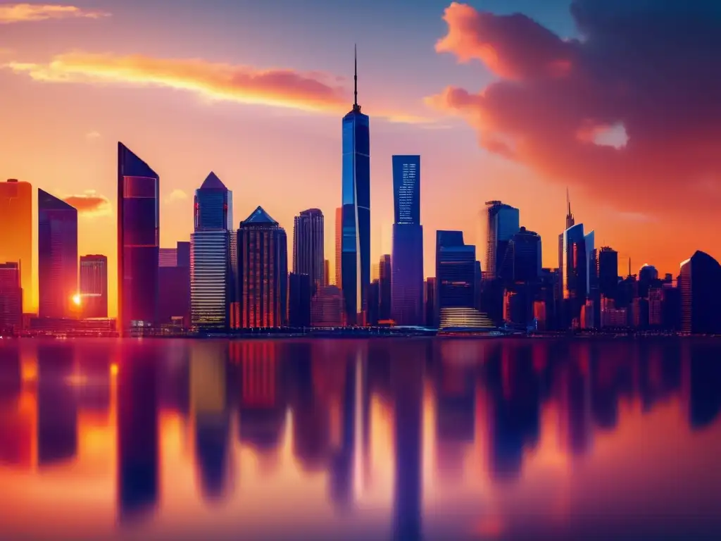 Ciudad financiera en atardecer Ciudad moderna al atardecer con rascacielos de cristal, reflejando la calidez del sol