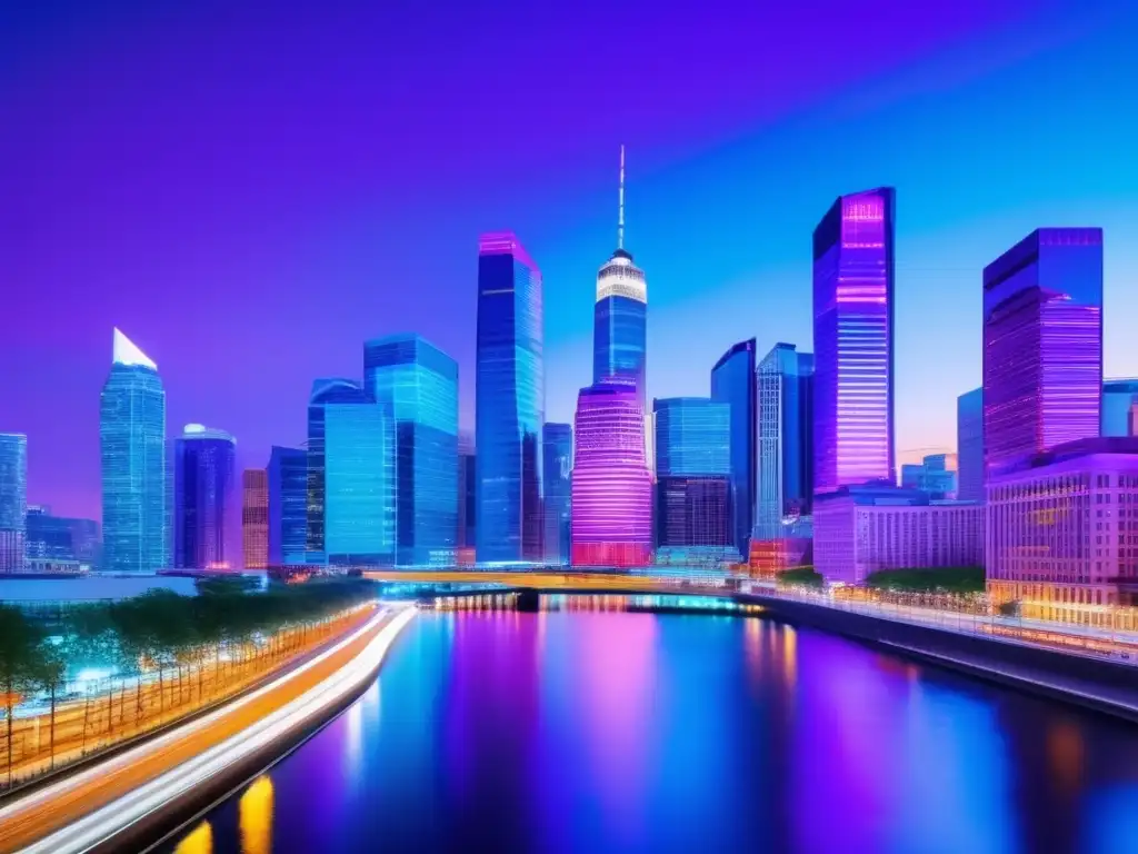 Ciudad moderna en atardecer: poder y prosperidad Ciudad moderna al atardecer, rascacielos iluminados, poder financiero, inversión 2023