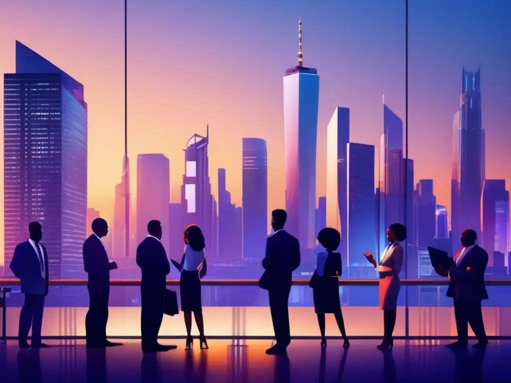 Ciudad moderna al atardecer, profesionales y skyline Ciudad moderna al atardecer con rascacielos iluminados por el sol