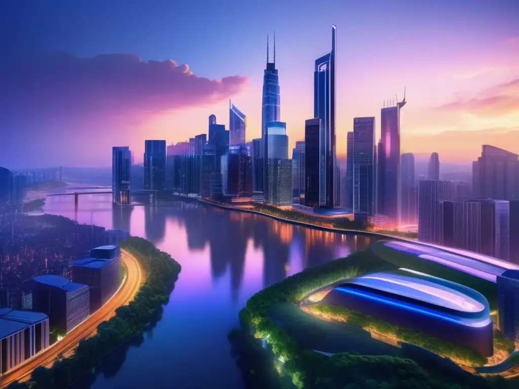 Ciudad moderna al atardecer con rascacielos y naturaleza Ciudad moderna al atardecer con rascacielos iluminados, naturaleza y profesionales discutiendo - Invertir con conciencia en política monetaria