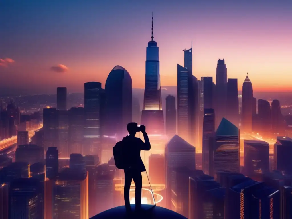 Ciudad moderna al atardecer, persona con lupa y dinero Ciudad moderna al atardecer, rascacielos, luces vibrantes, persona con lupa en monedas