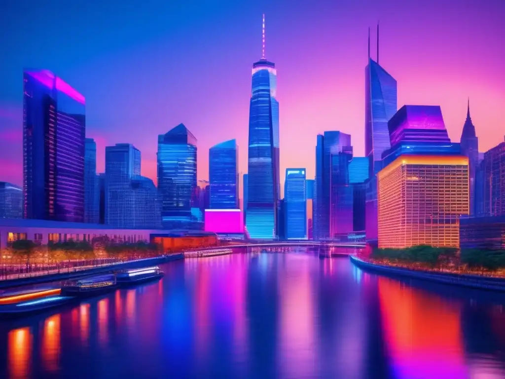 Ciudad moderna al anochecer con rascacielos iluminados Ciudad moderna al atardecer, rascacielos iluminados por luces de neón