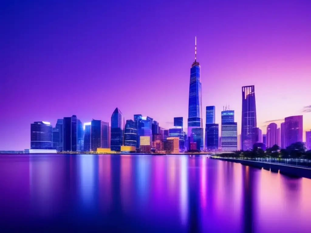 Ciudad moderna al atardecer, con rascacielos iluminados Ciudad moderna al atardecer, rascacielos iluminados por luces vibrantes