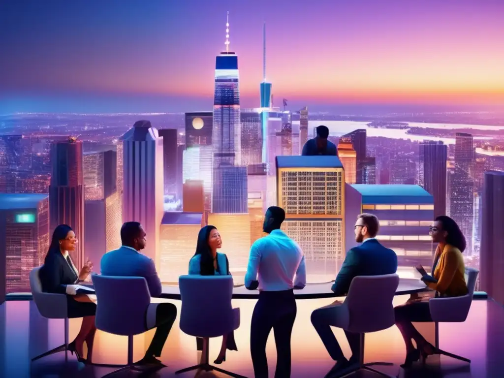 Oportunidades de inversión en el ecosistema de startups Ciudad moderna al atardecer con rascacielos iluminados y profesionales discutiendo: beneficios fiscales inversores startups