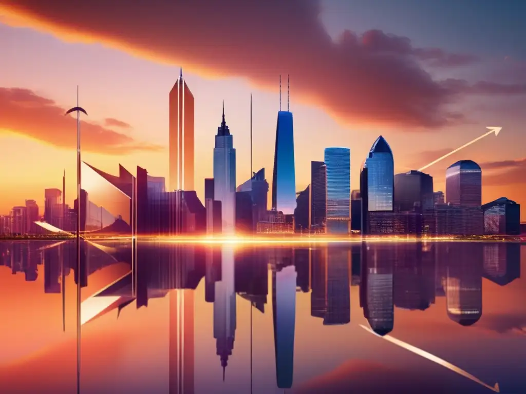 Skyline de ciudad moderna al atardecer Ciudad moderna al atardecer, con rascacielos reflejando tonos cálidos del cielo