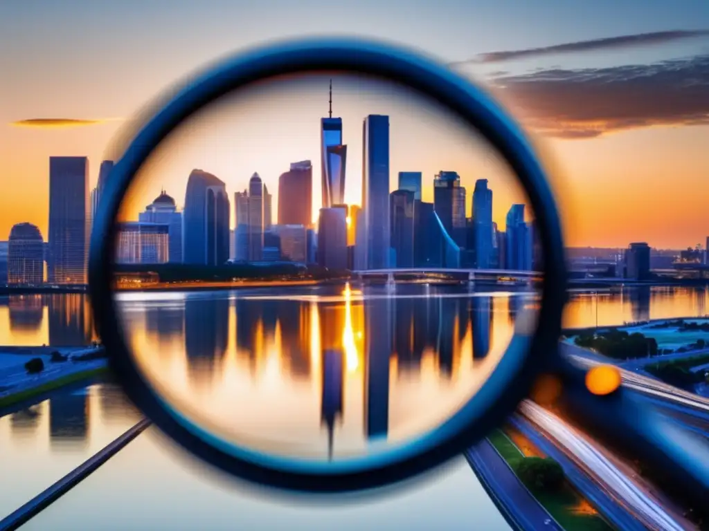 Ciudad moderna, oportunidades fiscales Ciudad moderna al atardecer, con rascacielos de vidrio reflejando el sol dorado