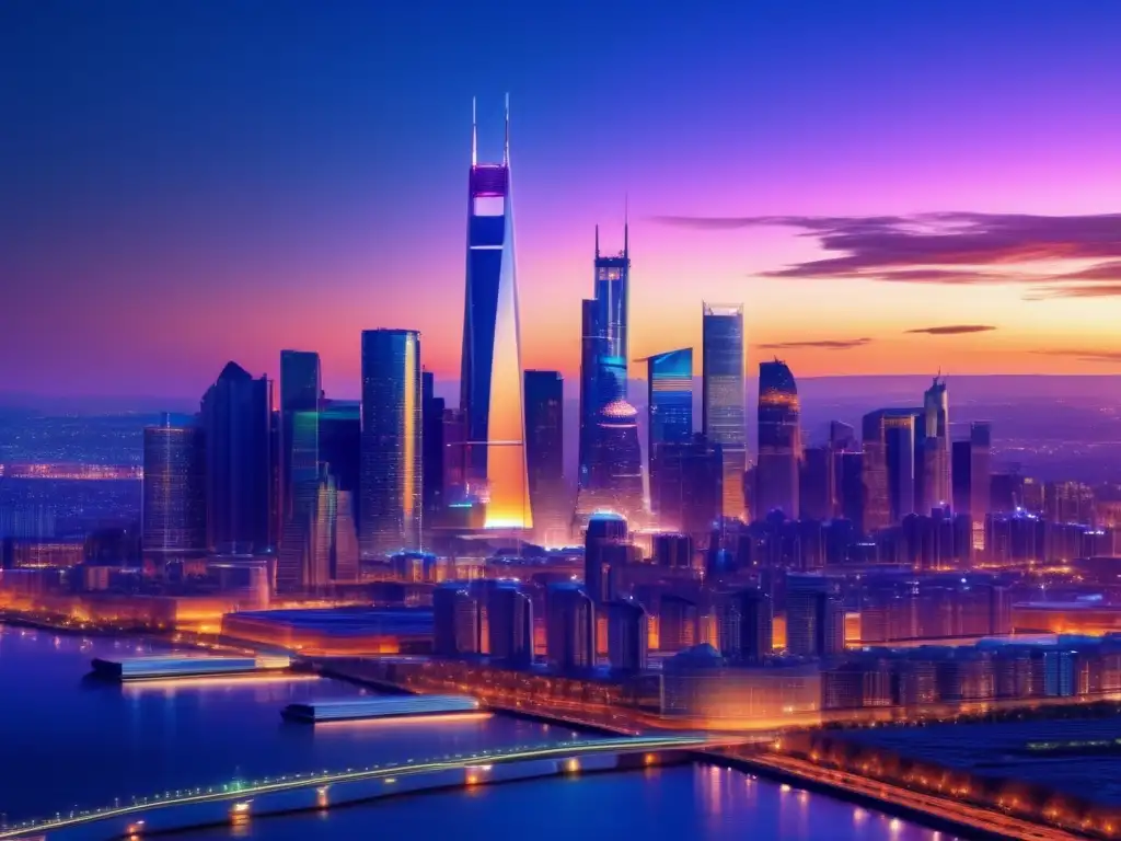 Ciudad moderna con energías renovables y petróleo Ciudad moderna al atardecer, con rascacielos iluminados y una mezcla de energías: refinación de petróleo y energías renovables
