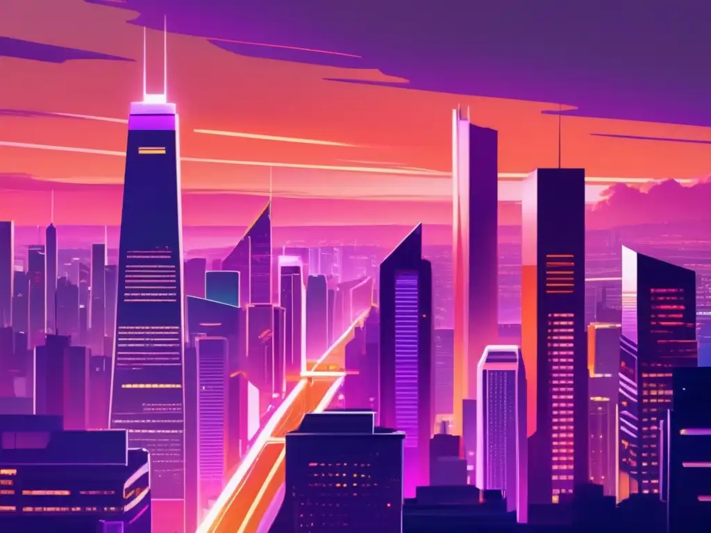 Ciudad moderna iluminada con rascacielos altos Ciudad moderna al atardecer, rascacielos iluminados con luces vibrantes