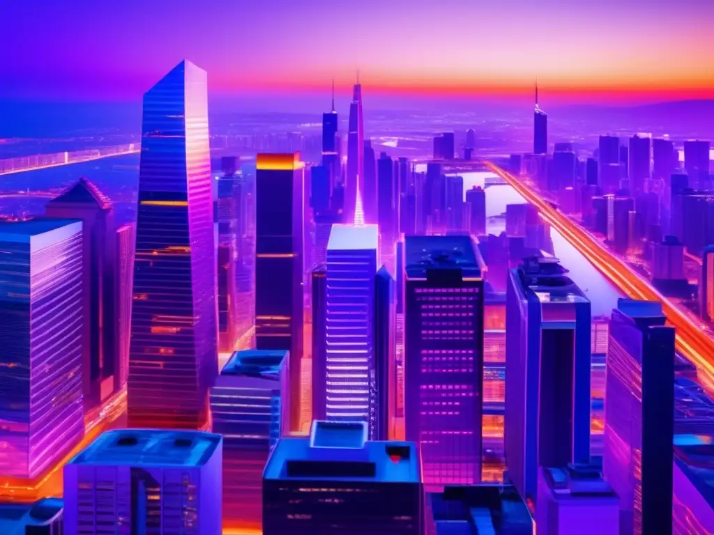Ciudad futurista al atardecer con rascacielos iluminados Ciudad moderna al atardecer con rascacielos iluminados - Estrategias monetarias para acciones