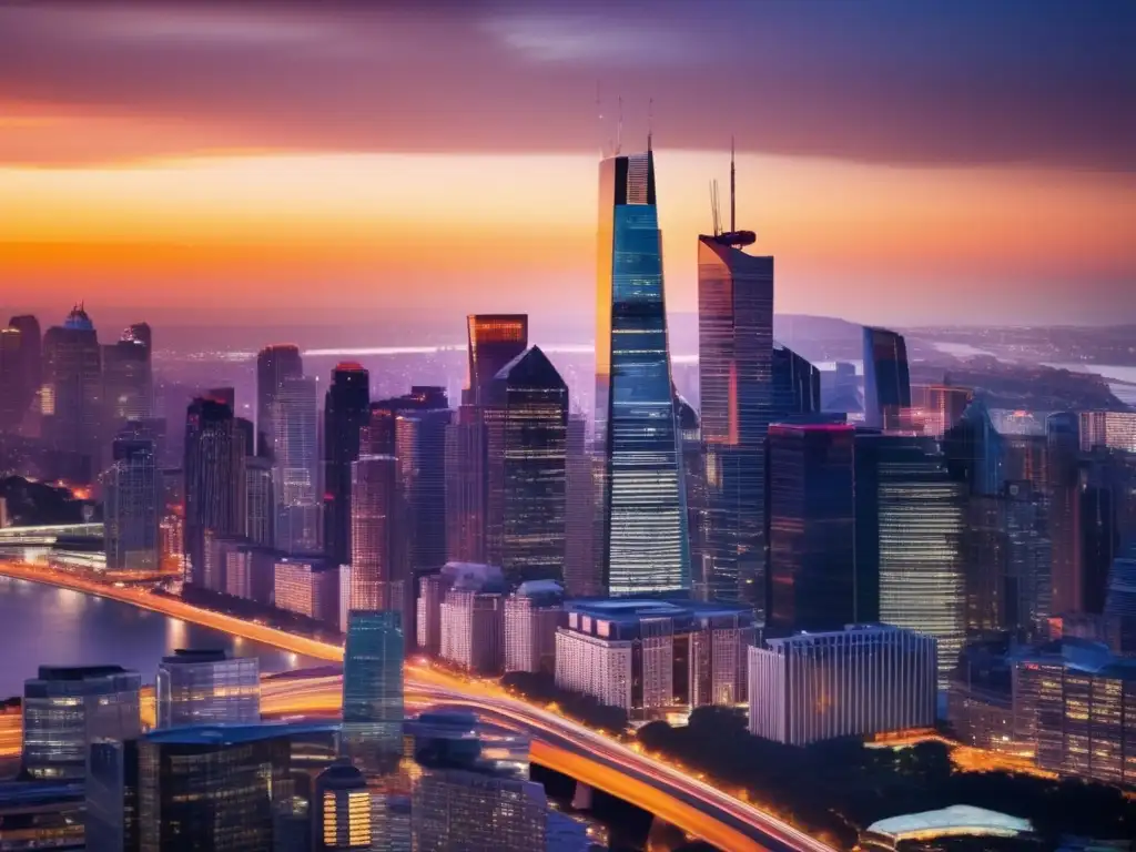 Moderna ciudad al atardecer, símbolo de impuestos a ganancias de capital Ciudad moderna al atardecer, con rascacielos reflejando el sol