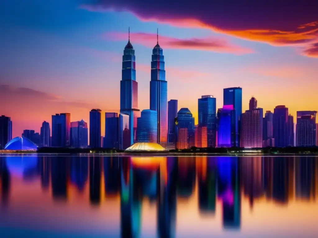 Ciudad moderna y vibrante al atardecer Ciudad moderna al atardecer: rascacielos, luces vibrantes y armonía entre finanzas y libertad
