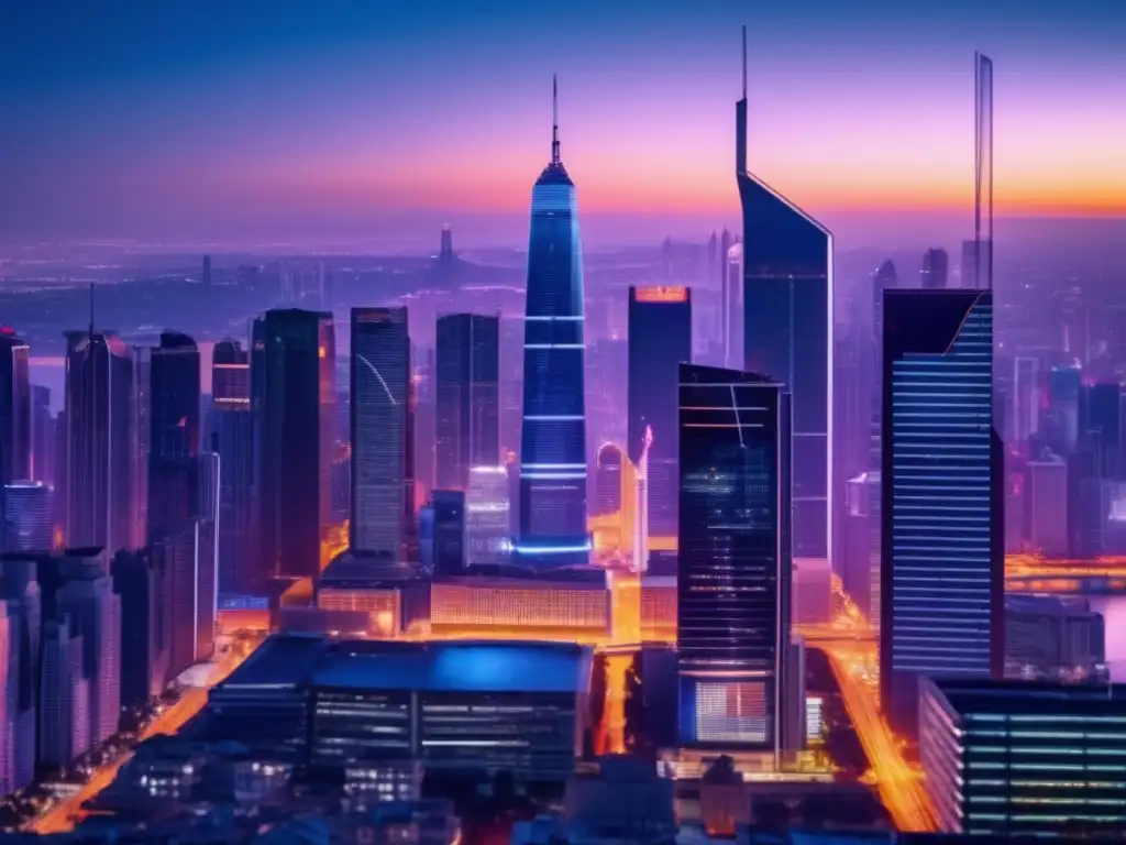 Ciudad moderna en la noche con rascacielos iluminados y pantallas digitales Ciudad moderna al atardecer con rascacielos iluminados y pantallas digitales que muestran indicadores económicos