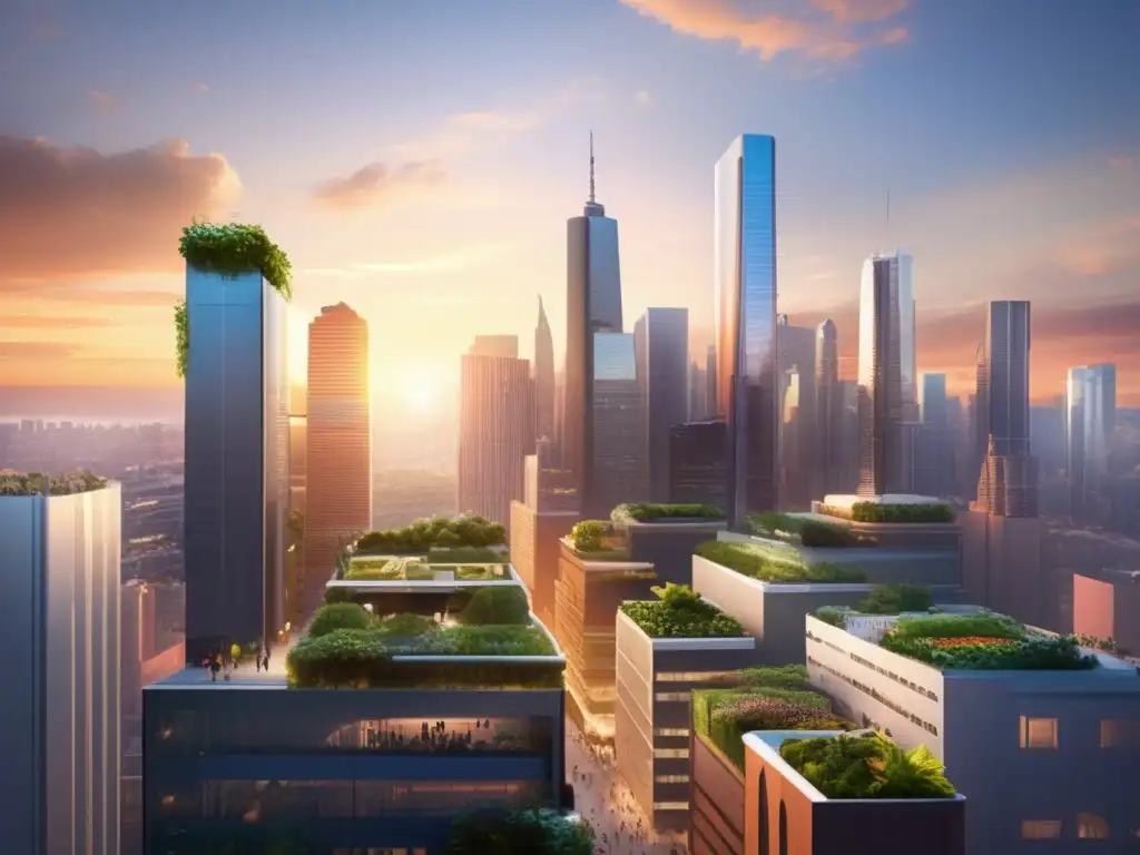Ciudad moderna con rascacielos y jardines verticales Ciudad moderna al atardecer con rascacielos, jardines verticales y colaboración entre personas