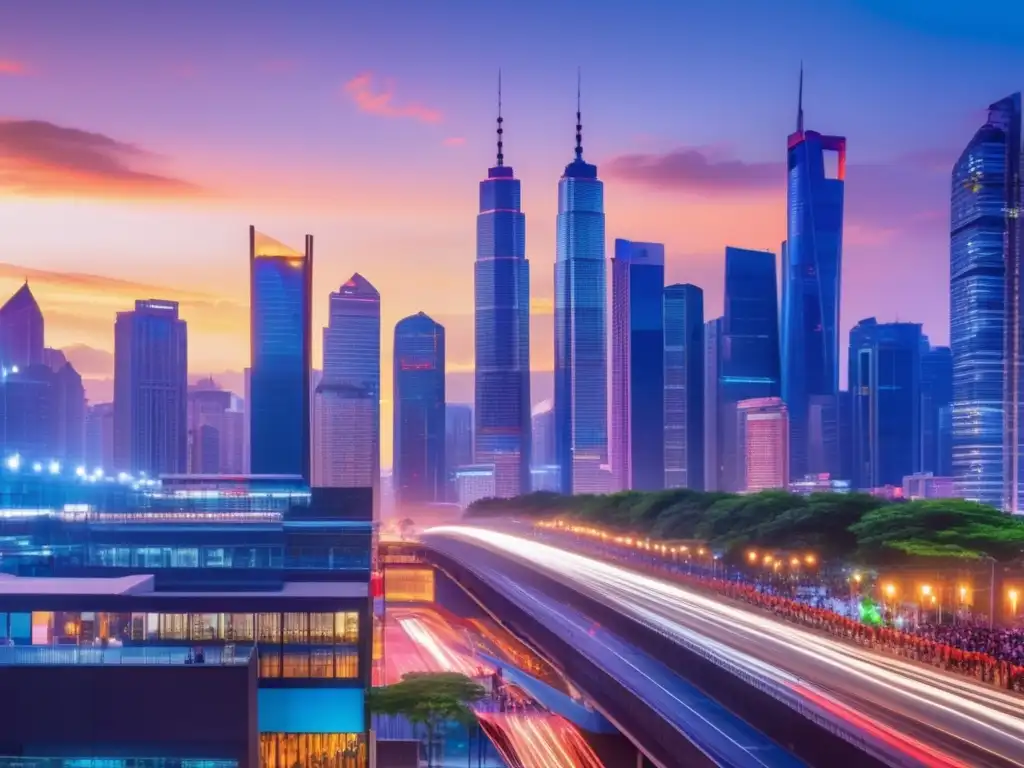 Urbanidad y diversidad en microfinanzas Ciudad moderna al atardecer, con rascacielos iluminados y gente diversa en actividad