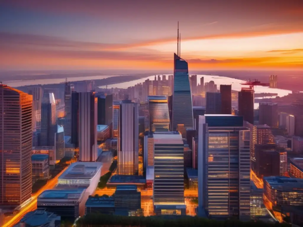 Sunset cityscape with modern skyscrapers Ciudad moderna al atardecer, con rascacielos iluminados por el sol