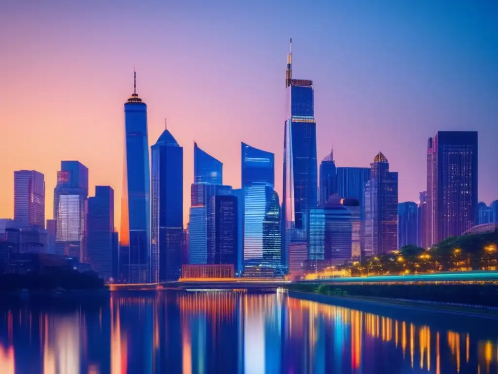 Horizonte urbano moderno al atardecer Ciudad moderna al atardecer, reflejada en río