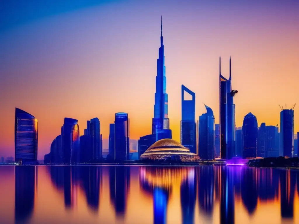 Ciudad futurista y profesionales analizando datos Ciudad moderna al atardecer, reflejada en rascacielos de cristal