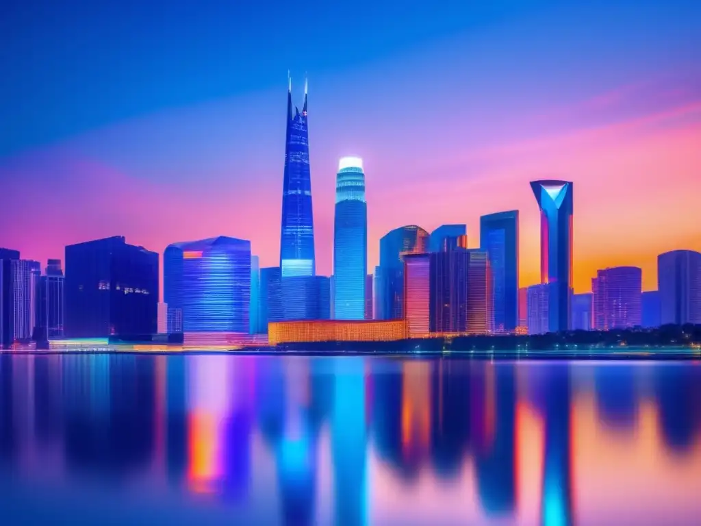 Ciudad nocturna iluminada reflejada en agua Ciudad moderna al atardecer, reflejo en agua, balanceando riesgo y recompensa en criptomonedas