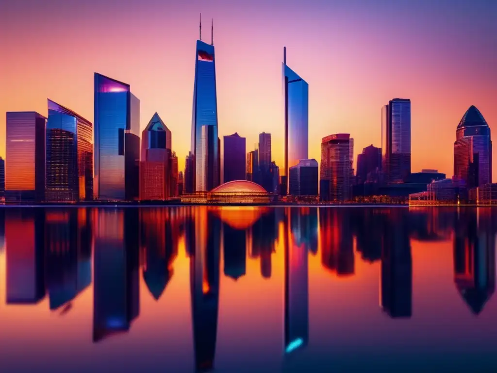 Ciudad moderna al atardecer: inversión inmobiliaria Ciudad moderna al atardecer, reflejo cálido en edificios de vidrio