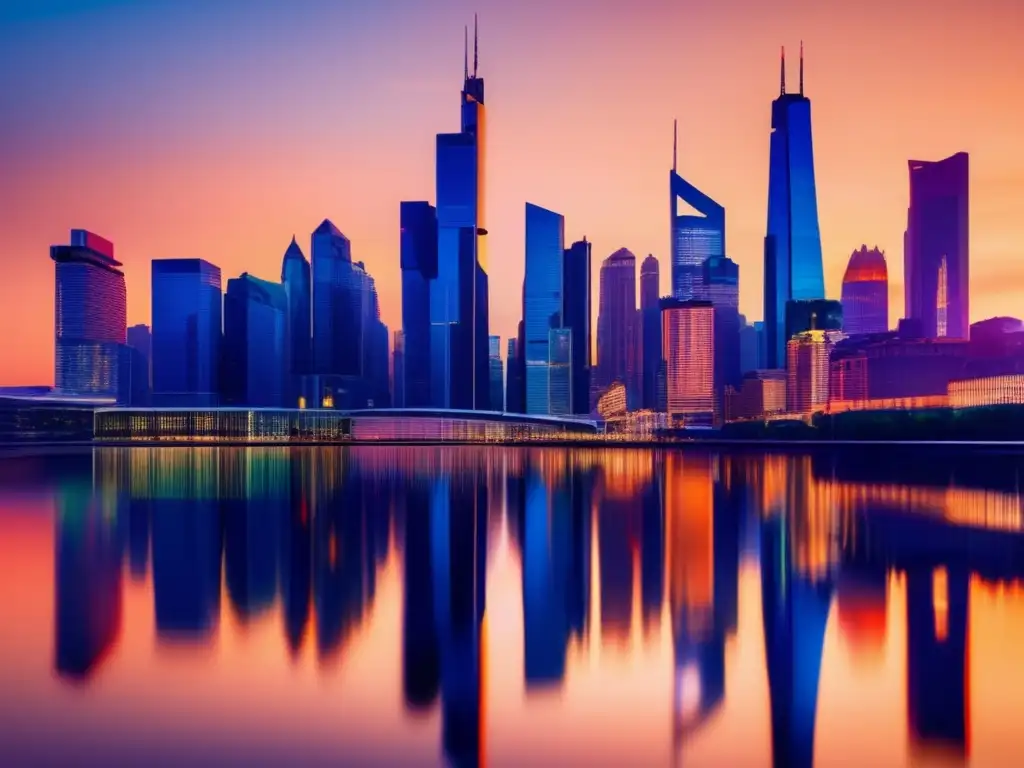 Skyline moderno de ciudad al atardecer Ciudad moderna al atardecer: reflejo de inversión y trading