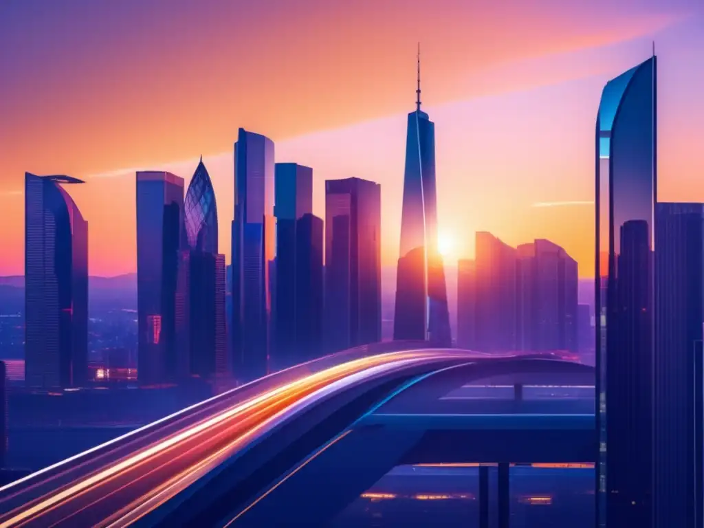 Ciudad moderna al atardecer Ciudad moderna al atardecer, reflejo cálido en edificios de vidrio, contraste con cielo nocturno