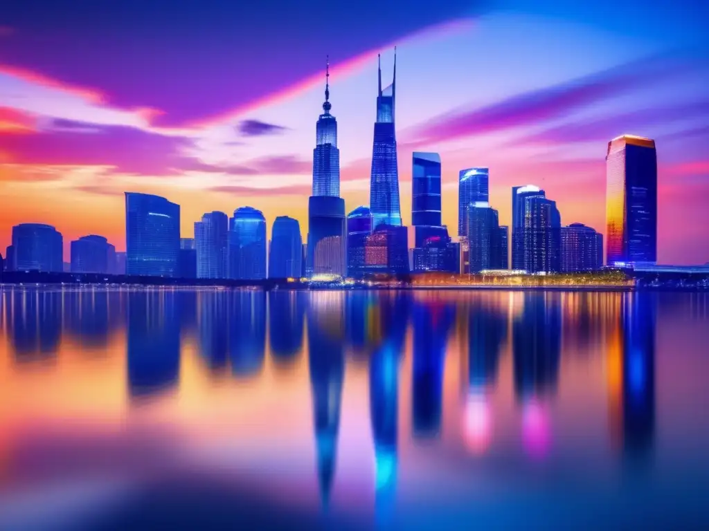 Ciudad moderna iluminada con luces vibrantes Ciudad moderna al atardecer, símbolo de beneficios de seguros de inversión