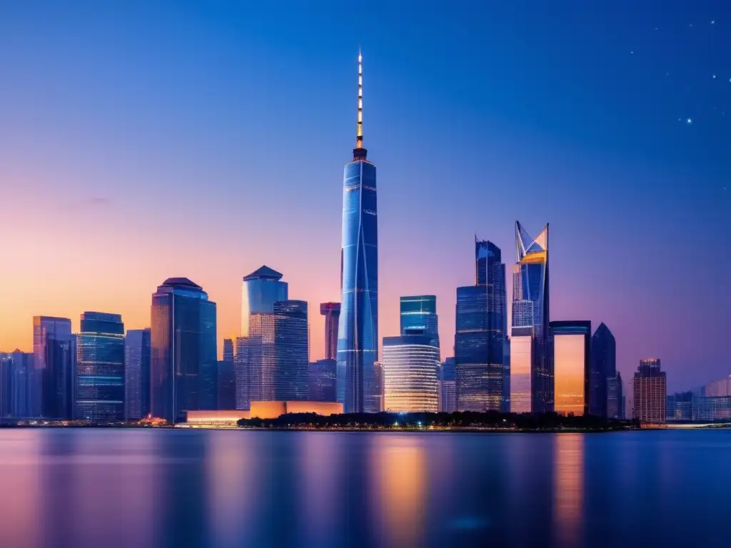Ciudad moderna al atardecer: éxito financiero Ciudad moderna al atardecer, símbolo de prosperidad y libertad financiera