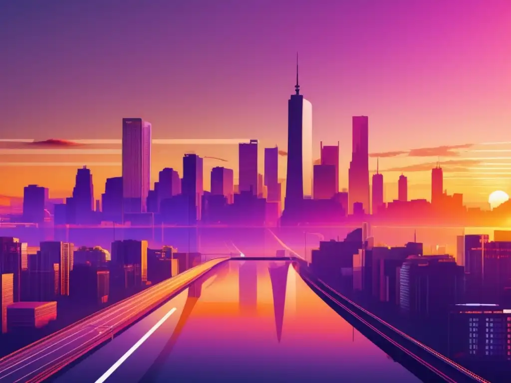 Ciudad moderna al atardecer con gráfico de inflación Ciudad moderna al atardecer con skyline, reflejando tonos cálidos de la puesta de sol