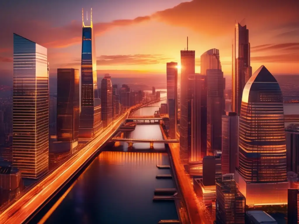 Ciudad cosmopolita al atardecer Ciudad moderna al atardecer, vibrante y cosmopolita