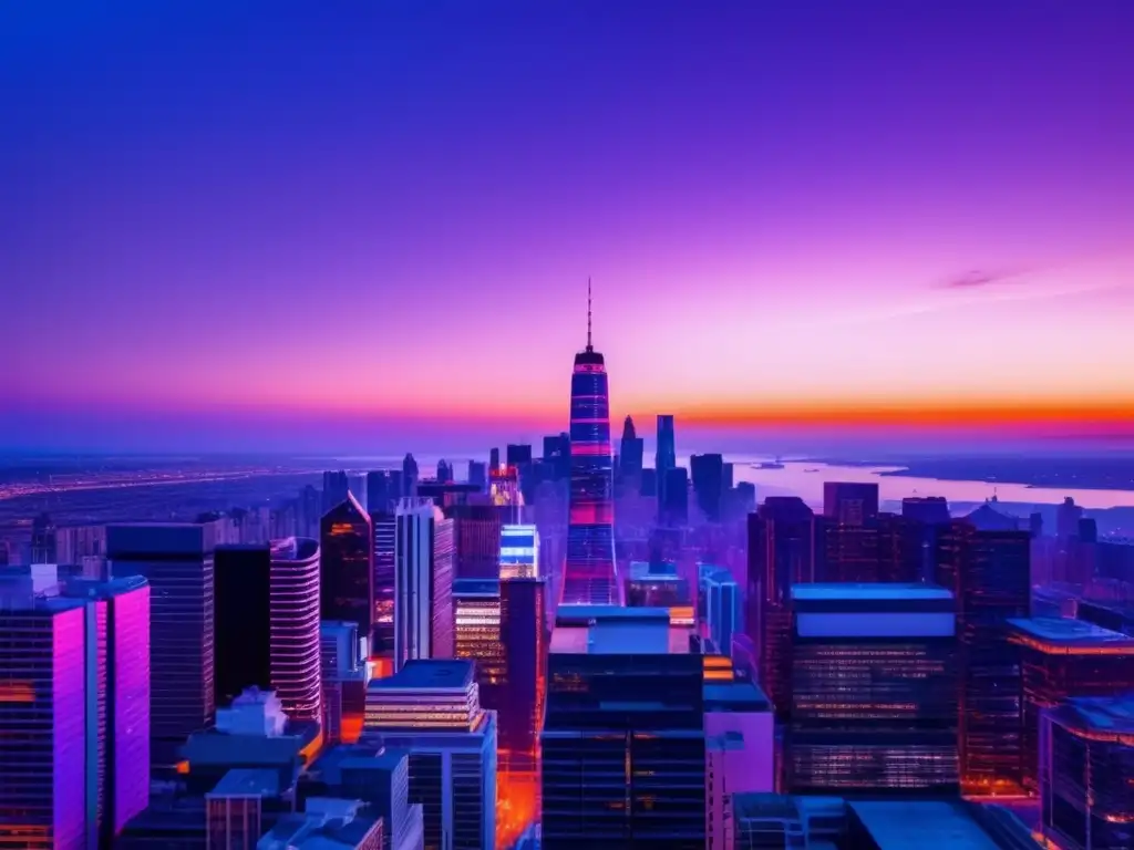 Ciudad moderna al atardecer Ciudad moderna al atardecer: vibrantes colores, rascacielos brillantes, vida en movimiento