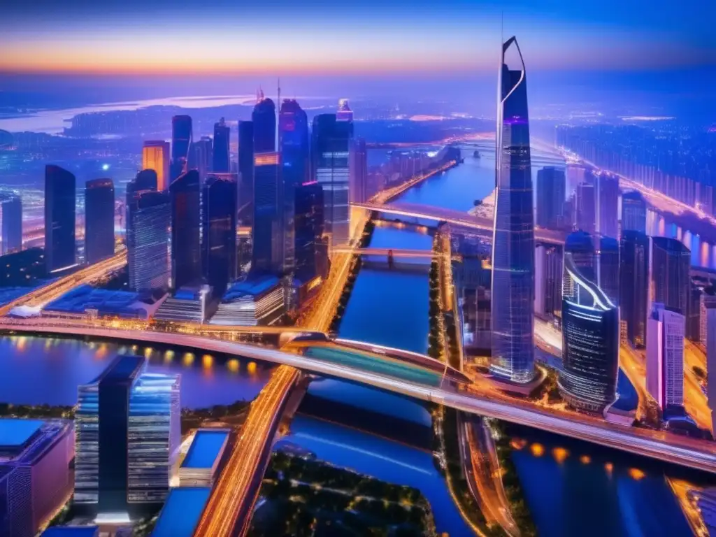 Ciudad moderna al atardecer: progreso y dinamismo Ciudad moderna al anochecer: indicadores líderes y rezagados en análisis fundamental