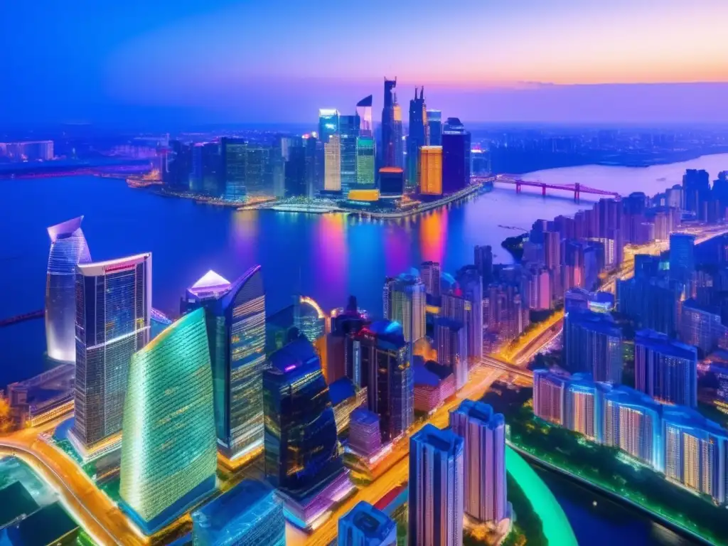 Ciudad moderna iluminada reflejada en el río Ciudad moderna de noche, simbolizando beneficios de franquicias e inversión segura