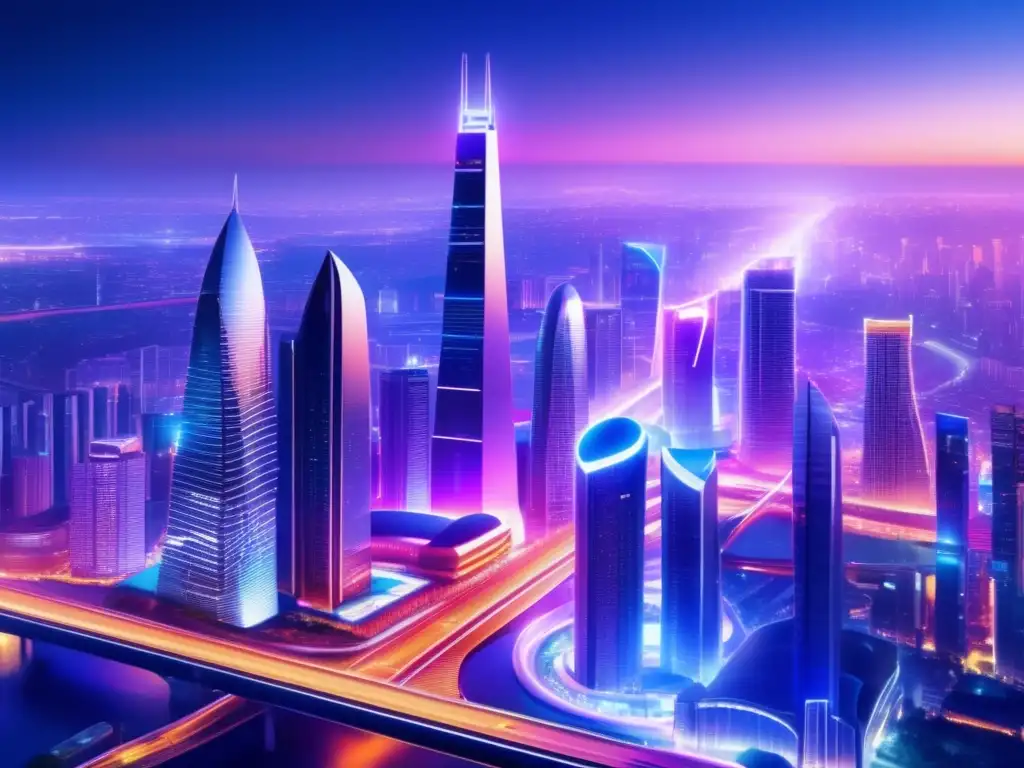 Ciudad futurista iluminada de noche Ciudad moderna de noche con rascacielos futuristas y plataformas inversión modernas éxito