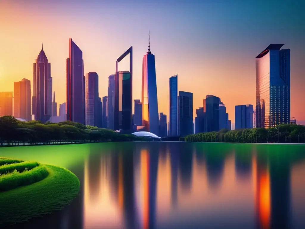 Ciudad moderna al atardecer, reflejo de la prosperidad inmobiliaria Ciudad moderna con rascacielos reflejando el atardecer