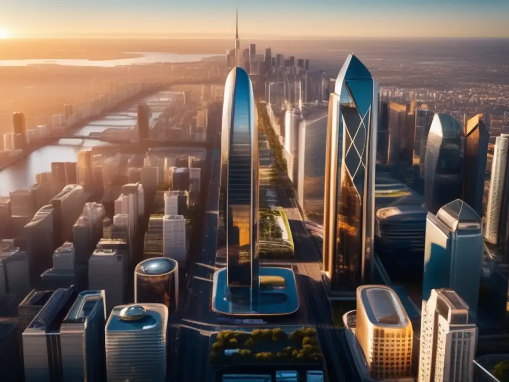 Ciudad moderna y próspera Ciudad moderna con rascacielos, autos y naturaleza